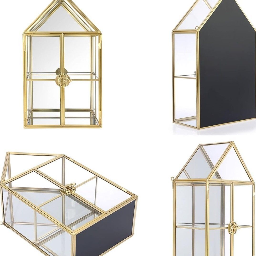 ELLDOO 2 Tier Clear Glass Storage Box, Gold Mirrored Jewelry Makeup Display Organizer Case